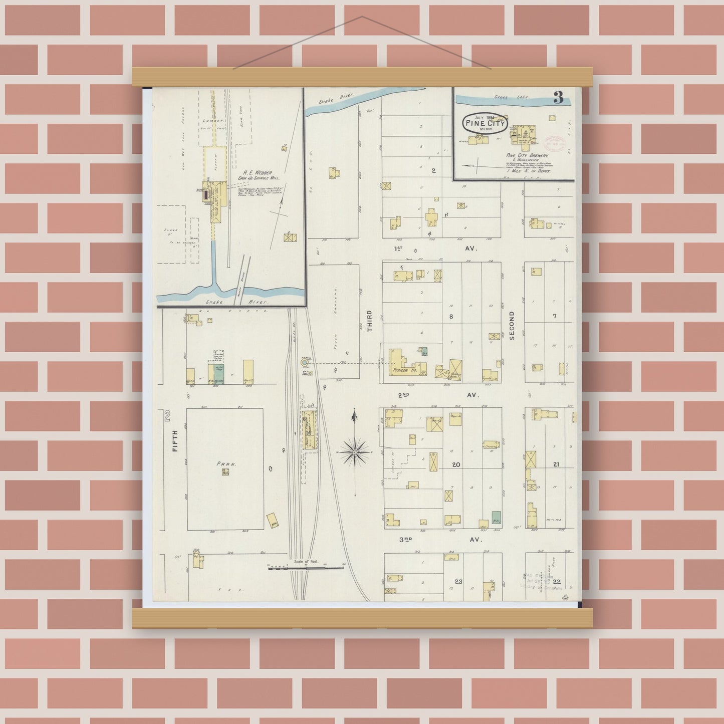 Old map wall art mockup — magnetic wood frame on brick wall — Sanborn Fire Insurance Map from Pine City, Pine County, Minnesota (1894), Sheet #0003