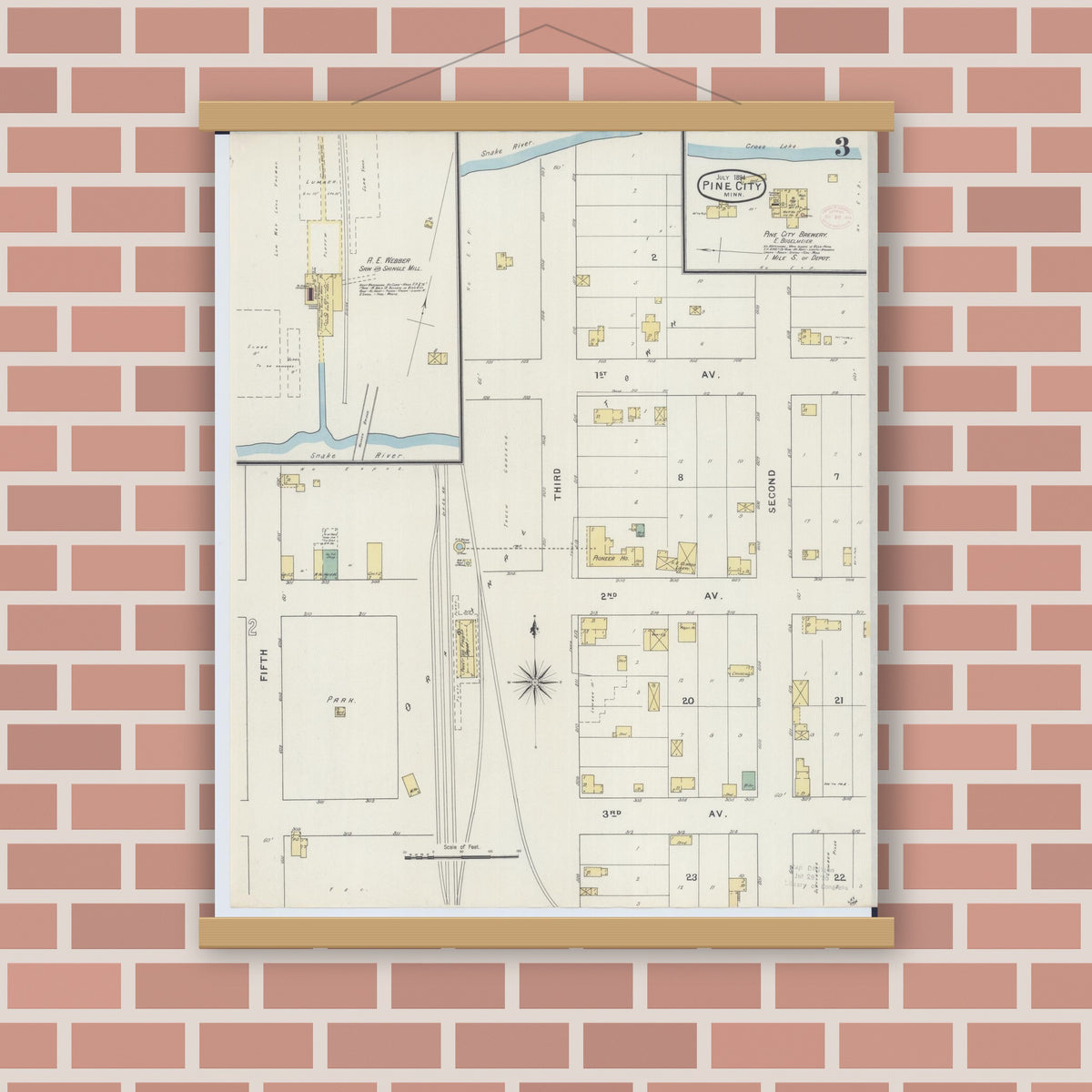 Old map wall art mockup — magnetic wood frame on brick wall — Sanborn Fire Insurance Map from Pine City, Pine County, Minnesota (1894), Sheet #0003