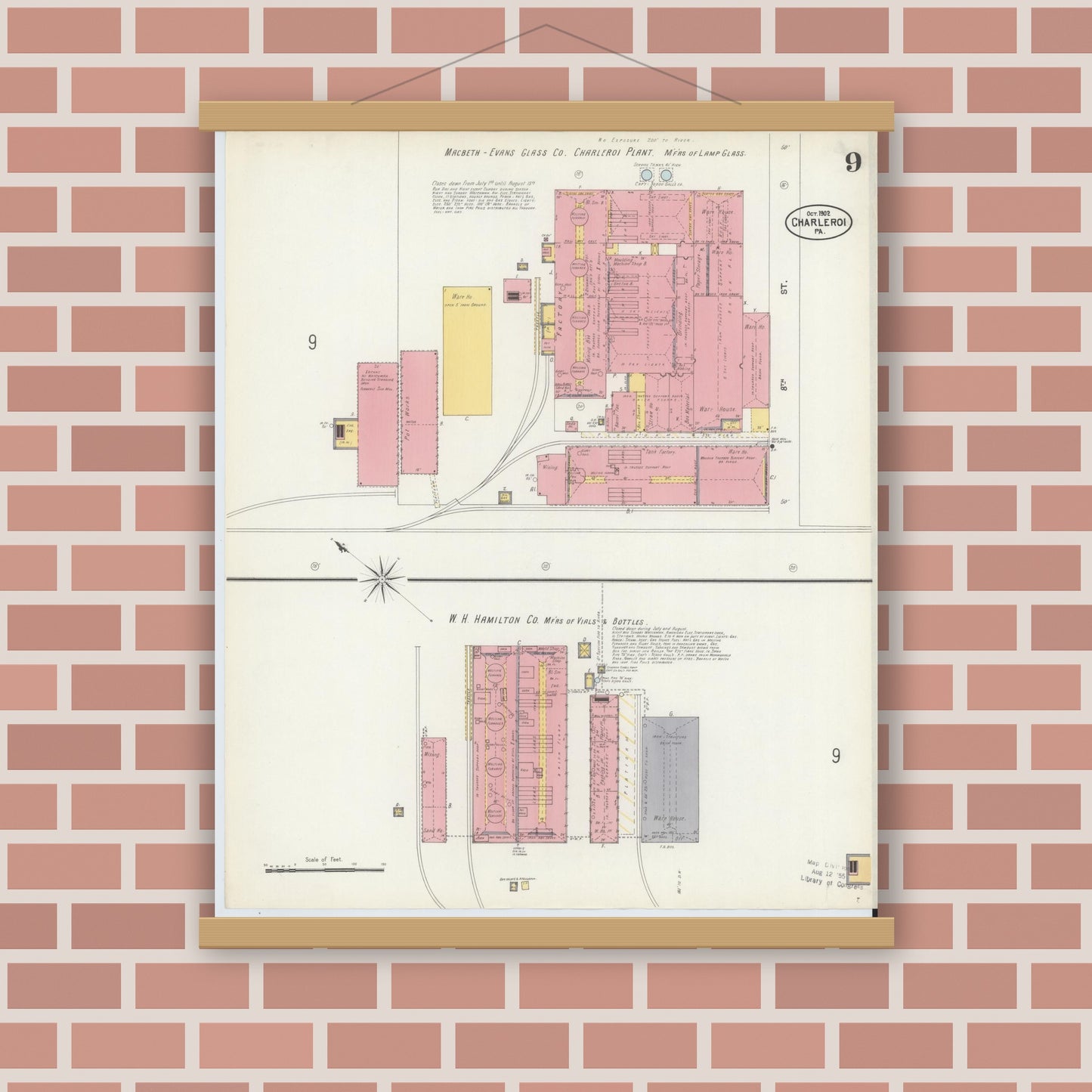 Old map wall art mockup — magnetic wood frame on brick wall — Sanborn Fire Insurance Map from Charleroi, Washington County, Pennsylvania (1902), Sheet #0009