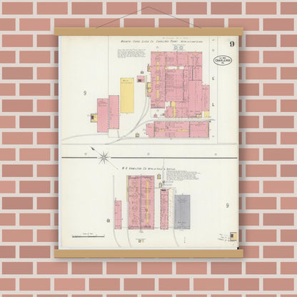 Old map wall art mockup — magnetic wood frame on brick wall — Sanborn Fire Insurance Map from Charleroi, Washington County, Pennsylvania (1902), Sheet #0009