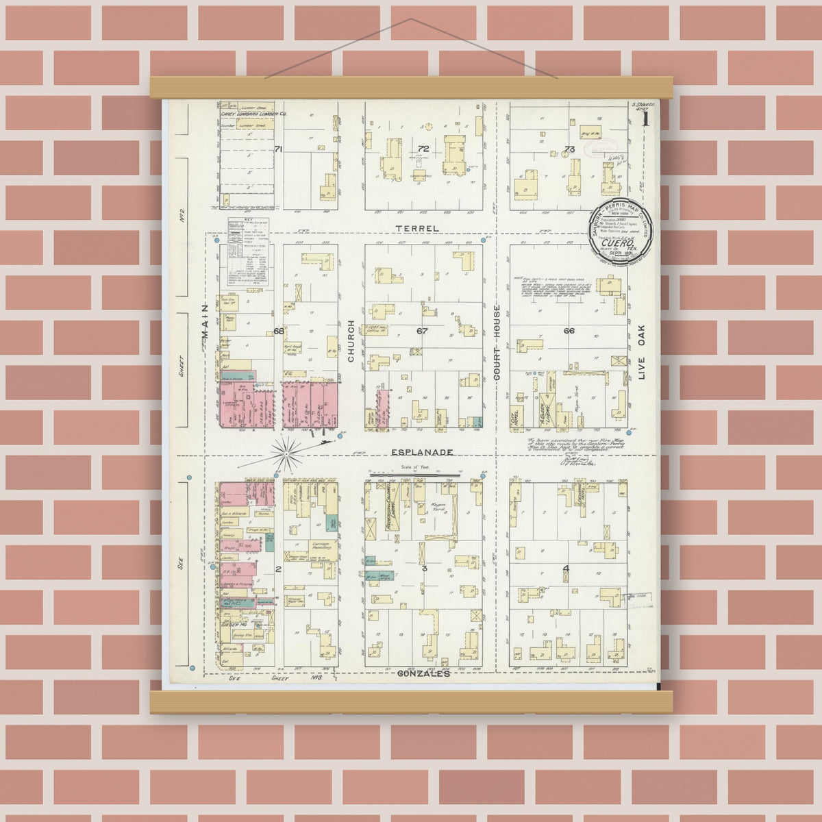 Old map wall art mockup — magnetic wood frame on brick wall — Sanborn Fire Insurance Map from Cuero, De Witt County, Texas (1891), Sheet #0001