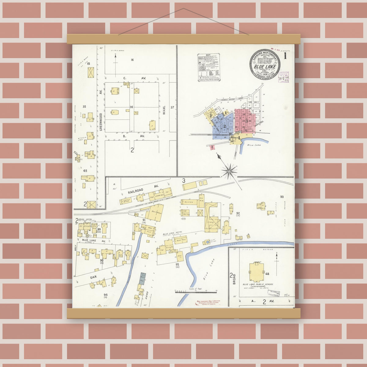 Old map wall art mockup — magnetic wood frame on brick wall — Sanborn Fire Insurance Map from Blue Lake, Humboldt County, California (1908), Sheet #0001