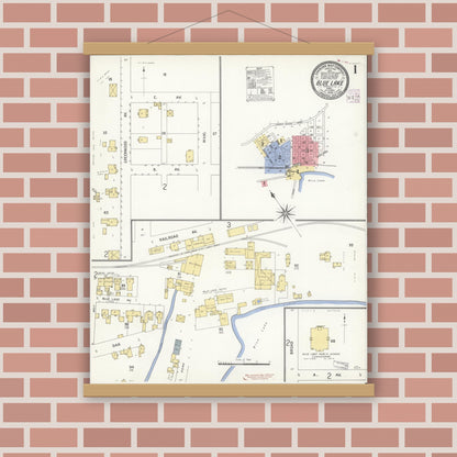 Old map wall art mockup — magnetic wood frame on brick wall — Sanborn Fire Insurance Map from Blue Lake, Humboldt County, California (1908), Sheet #0001