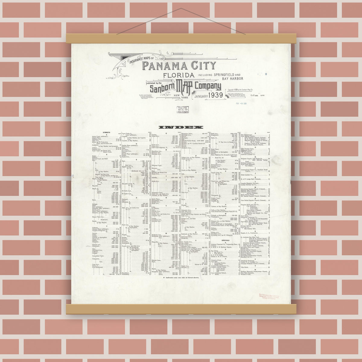 Old map wall art mockup — magnetic wood frame on brick wall — Sanborn Fire Insurance Map from Panama City, Bay County, Florida (1939), Sheet #0001