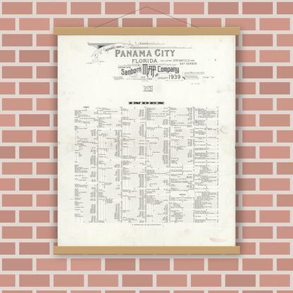Old map wall art mockup — magnetic wood frame on brick wall — Sanborn Fire Insurance Map from Panama City, Bay County, Florida (1939), Sheet #0001