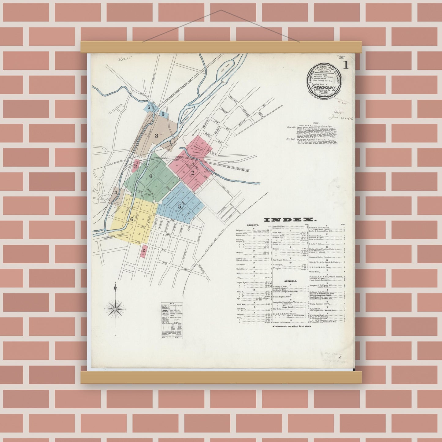 Old map wall art mockup — magnetic wood frame on brick wall — Sanborn Fire Insurance Map from Carbondale, Lackawanna County, Pennsylvania (1896), Sheet #0001
