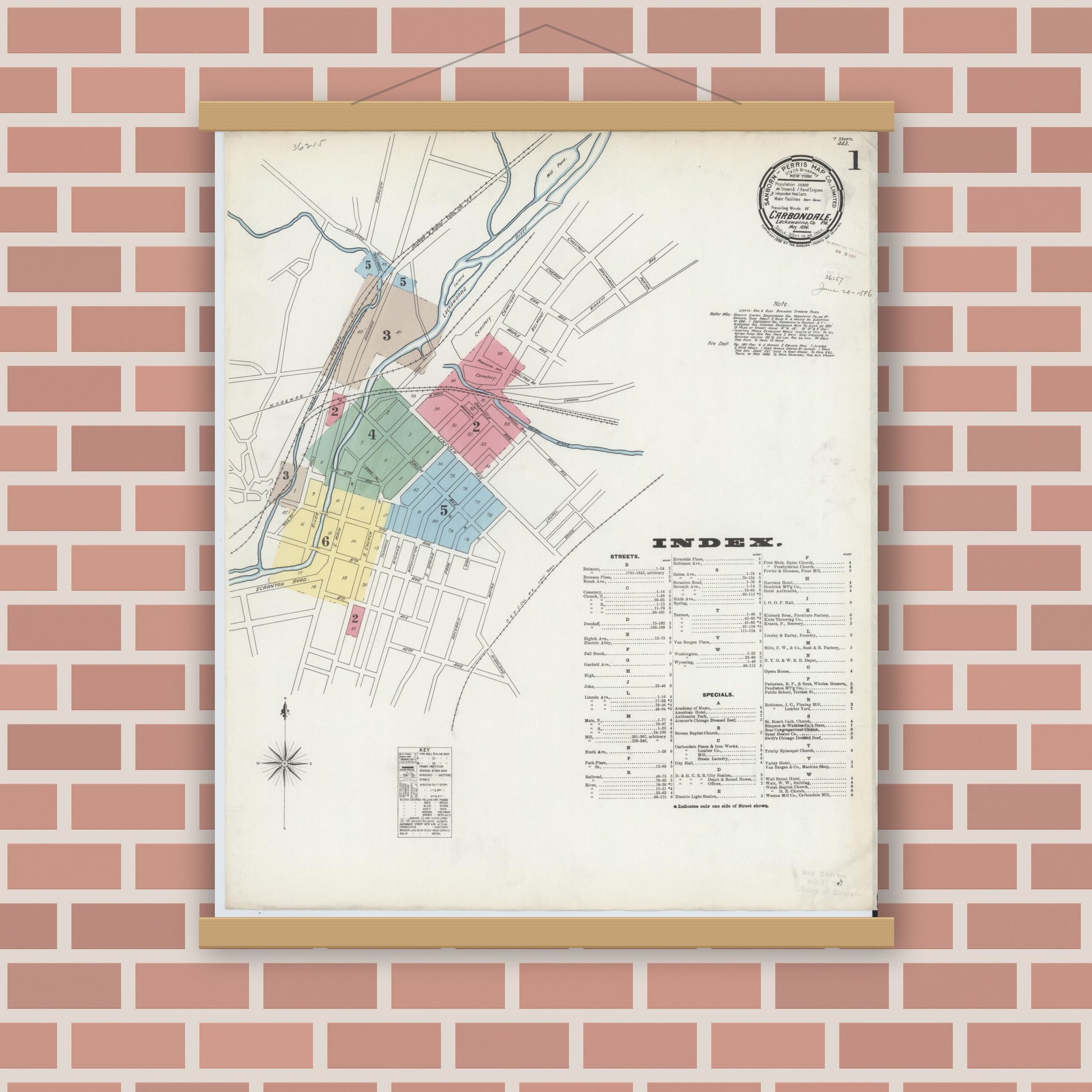 Old map wall art mockup — magnetic wood frame on brick wall — Sanborn Fire Insurance Map from Carbondale, Lackawanna County, Pennsylvania (1896), Sheet #0001