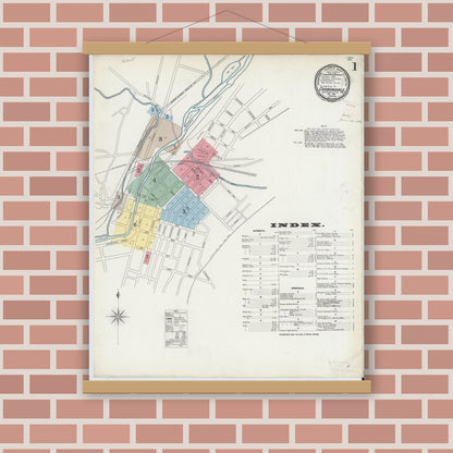 Old map wall art mockup — magnetic wood frame on brick wall — Sanborn Fire Insurance Map from Carbondale, Lackawanna County, Pennsylvania (1896), Sheet #0001