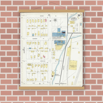 Old map wall art mockup — magnetic wood frame on brick wall — Sanborn Fire Insurance Map from Kankakee, Kankakee County, Illinois (1907), Sheet #0019