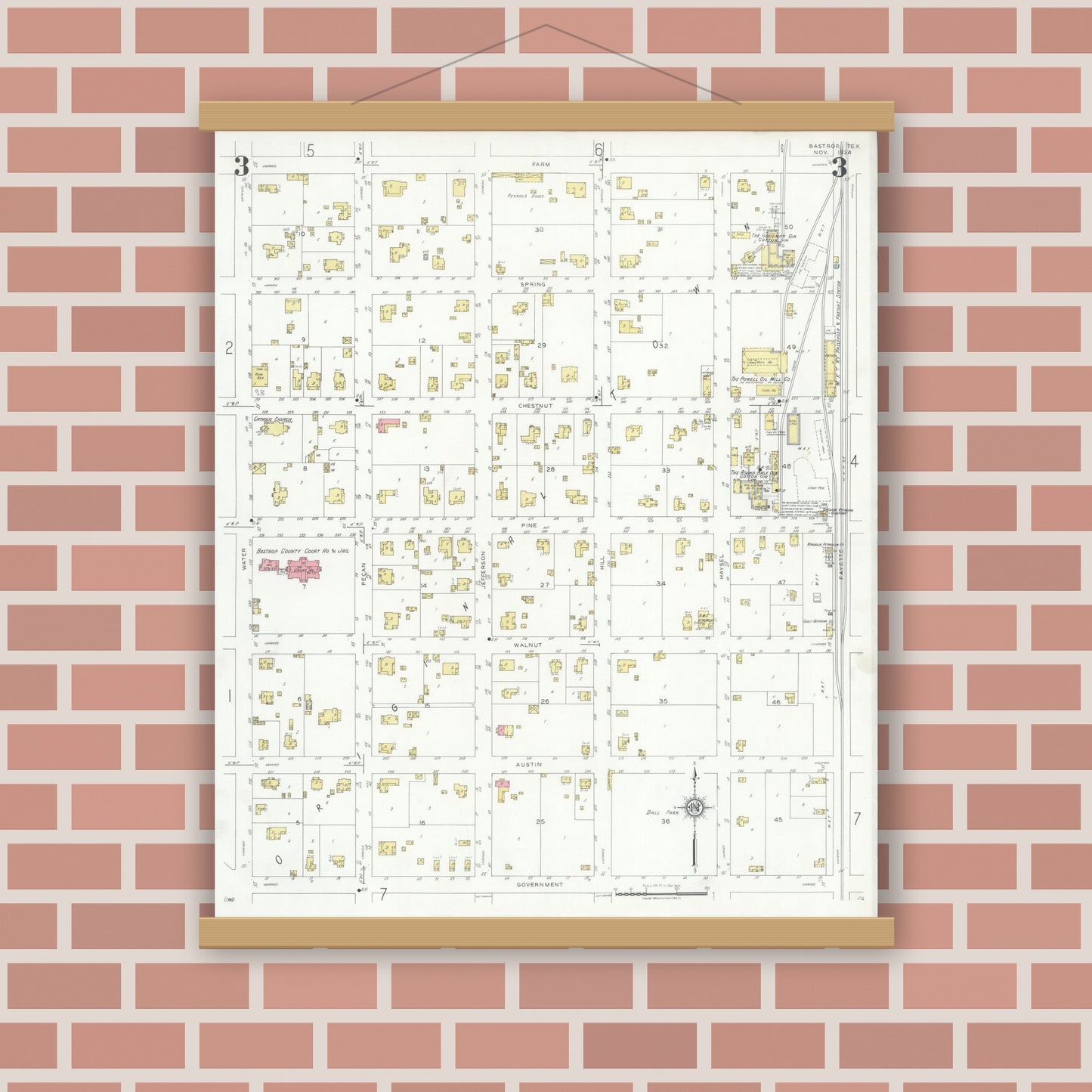Old map wall art mockup — magnetic wood frame on brick wall — Sanborn Fire Insurance Map from Bastrop, Bastrop County, Texas (1934), Sheet #0003