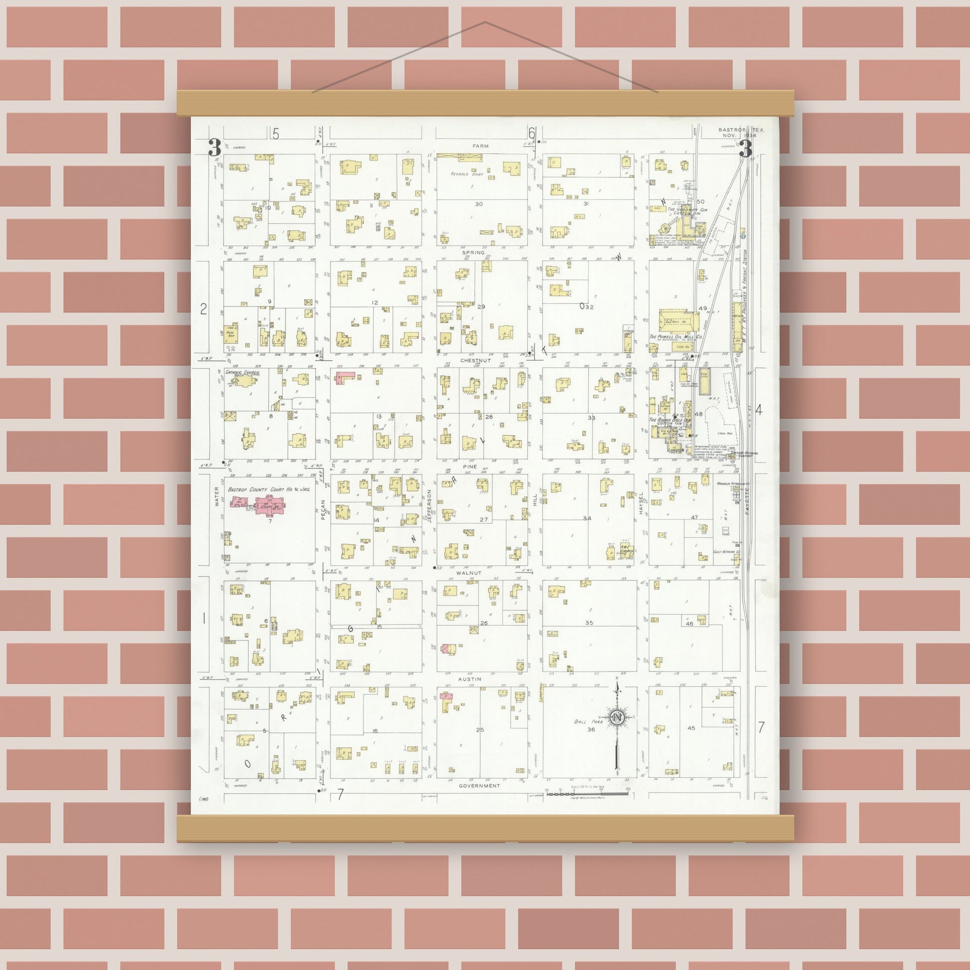 Old map wall art mockup — magnetic wood frame on brick wall — Sanborn Fire Insurance Map from Bastrop, Bastrop County, Texas (1934), Sheet #0003