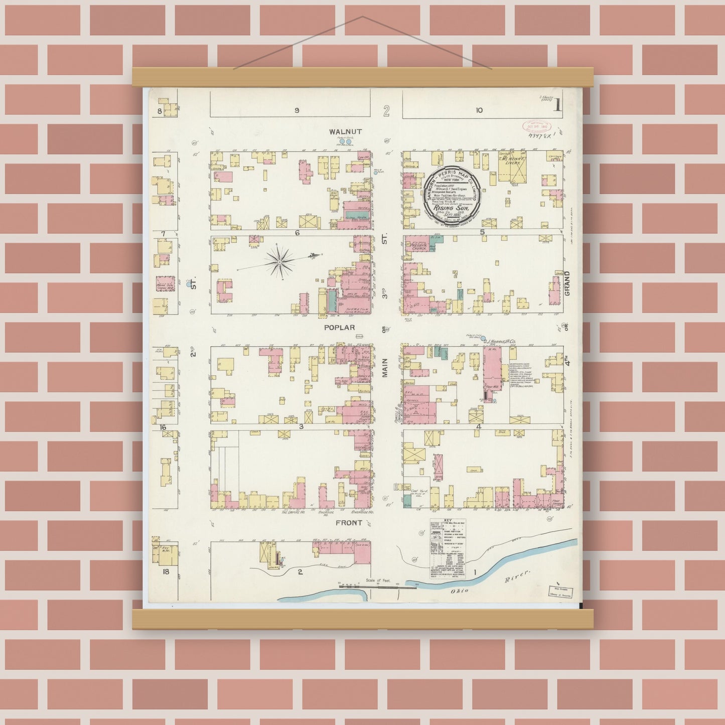 Old map wall art mockup — magnetic wood frame on brick wall — Sanborn Fire Insurance Map from Rising Sun, Ohio County, Indiana (1892) - Complete Map Set