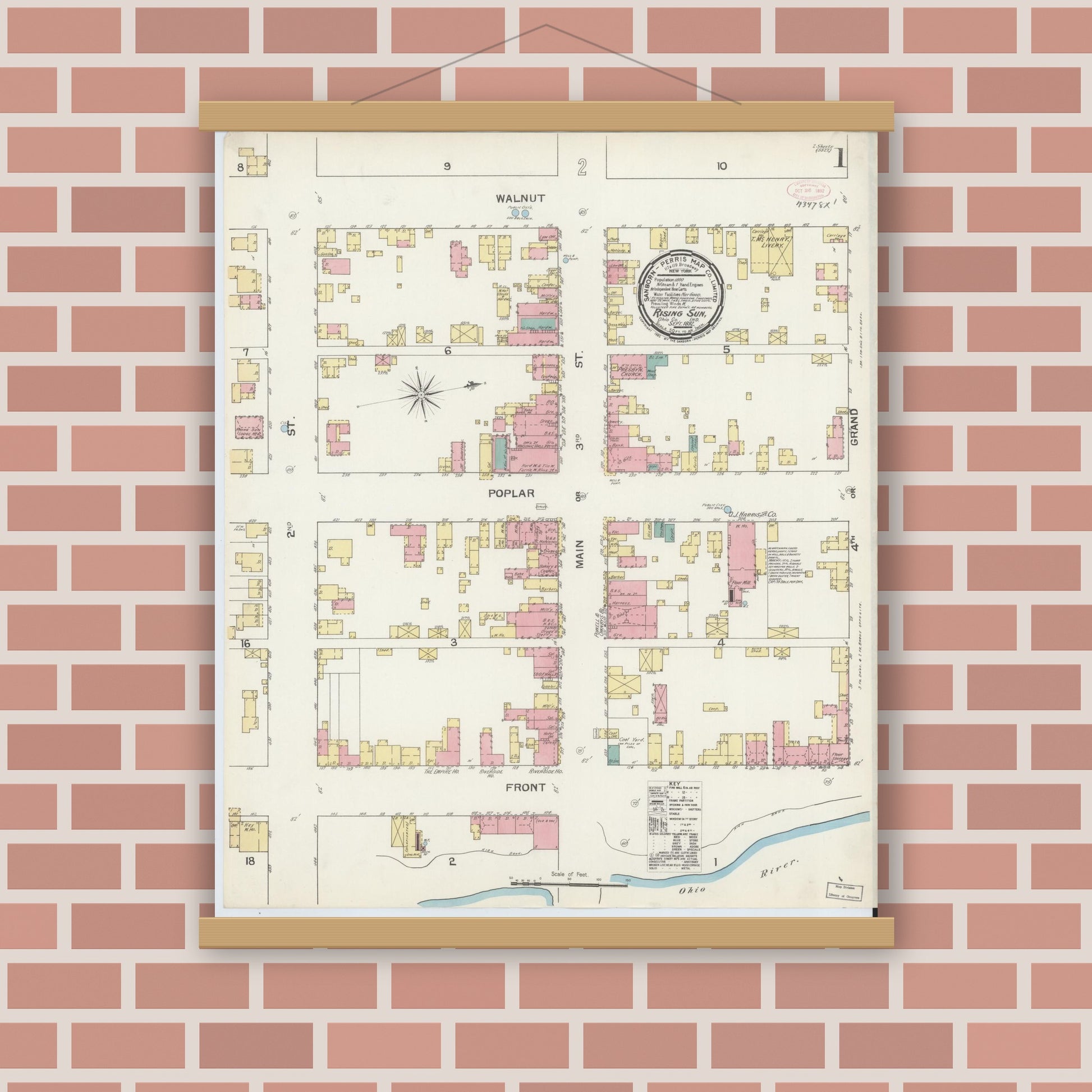 Old map wall art mockup — magnetic wood frame on brick wall — Sanborn Fire Insurance Map from Rising Sun, Ohio County, Indiana (1892) - Complete Map Set