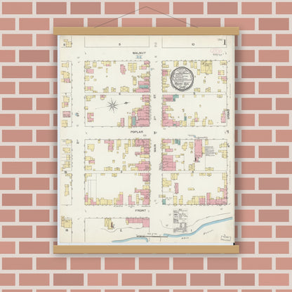 Old map wall art mockup — magnetic wood frame on brick wall — Sanborn Fire Insurance Map from Rising Sun, Ohio County, Indiana (1892) - Complete Map Set