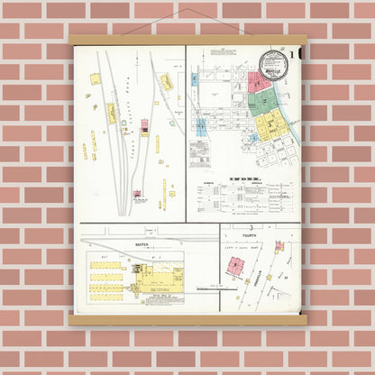 Old map wall art mockup — magnetic wood frame on brick wall — Sanborn Fire Insurance Map from Wapello, Louisa County, Iowa (1899) â€” Complete Set