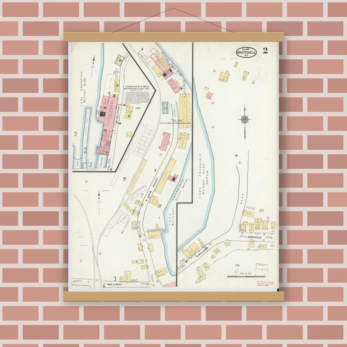 Old map wall art mockup — magnetic wood frame on brick wall — Sanborn Fire Insurance Map from Whitehall, Washington County, New York (1915), Sheet #0002