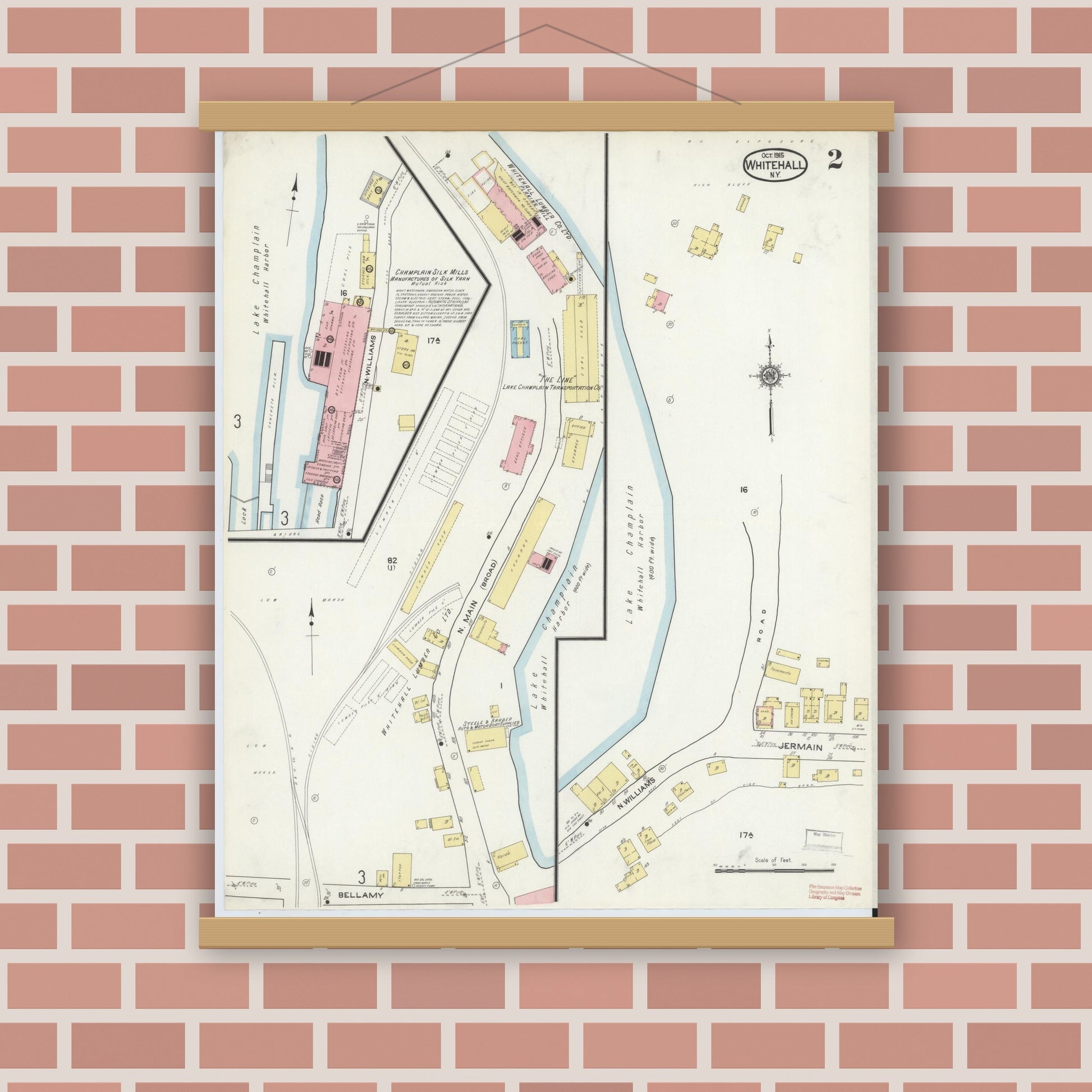 Old map wall art mockup — magnetic wood frame on brick wall — Sanborn Fire Insurance Map from Whitehall, Washington County, New York (1915), Sheet #0002