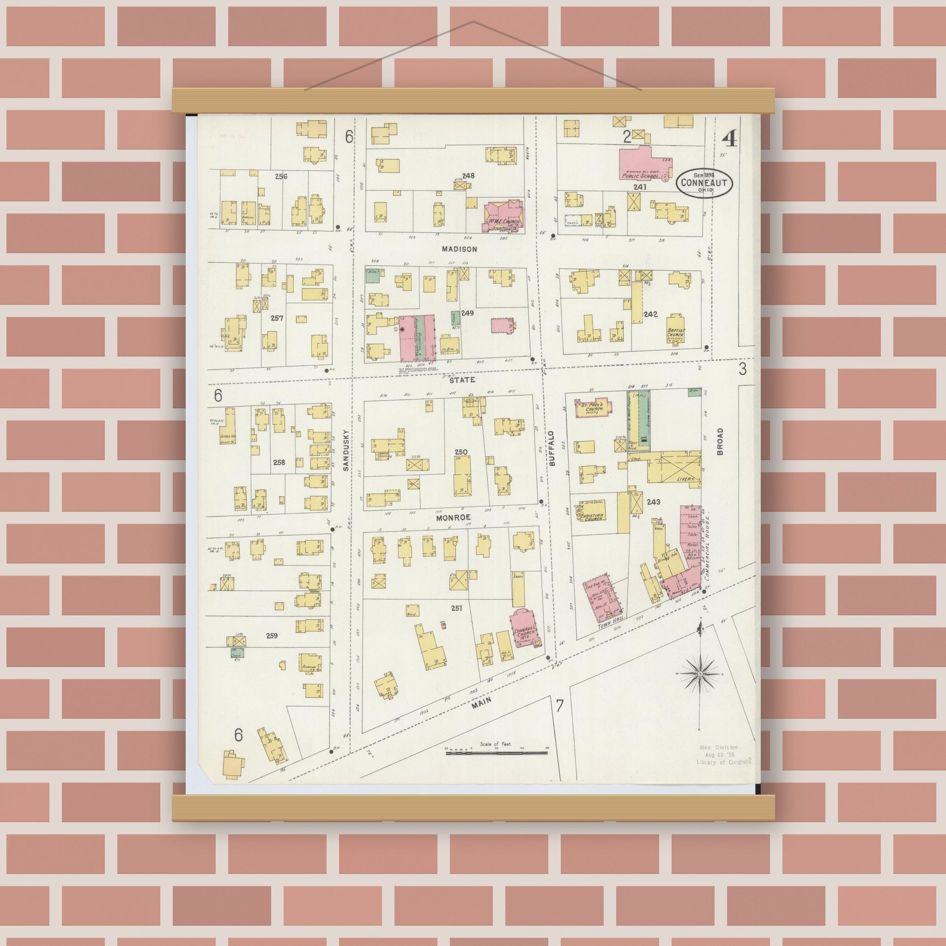 Old map wall art mockup — magnetic wood frame on brick wall — Sanborn Fire Insurance Map from Conneaut, Ashtabula County, Ohio (1898), Sheet #0004