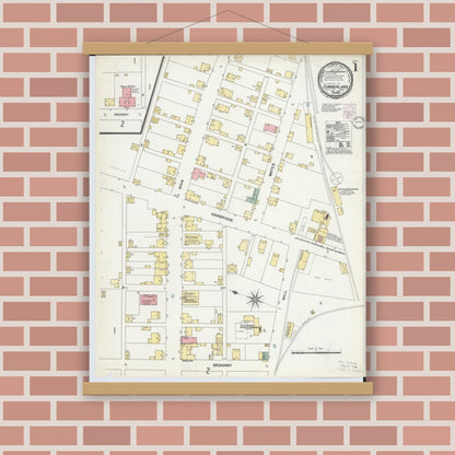 Old map wall art mockup — magnetic wood frame on brick wall — Sanborn Fire Insurance Map from Cumberland, Guernsey County, Ohio (1901) - Complete Map Set