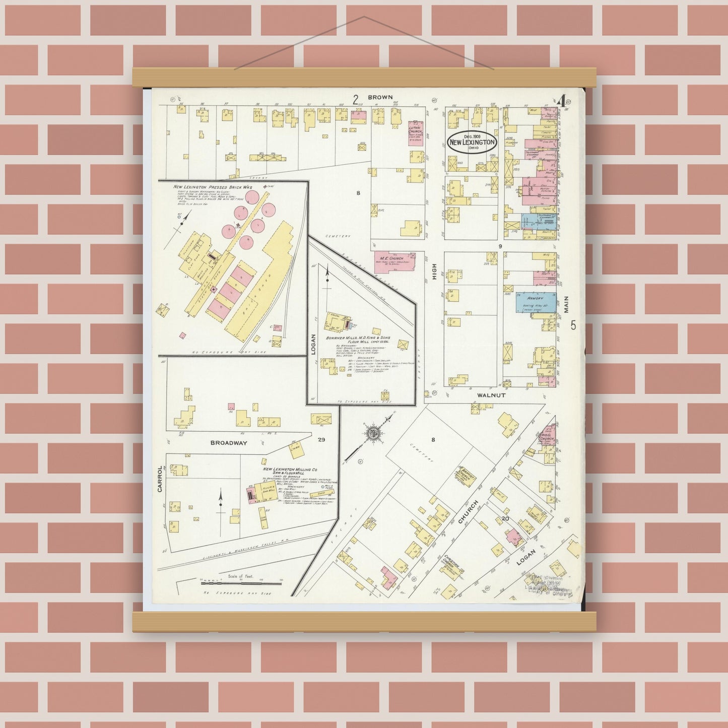 Old map wall art mockup — magnetic wood frame on brick wall — Sanborn Fire Insurance Map from New Lexington, Perry County, Ohio (1909), Sheet #0004