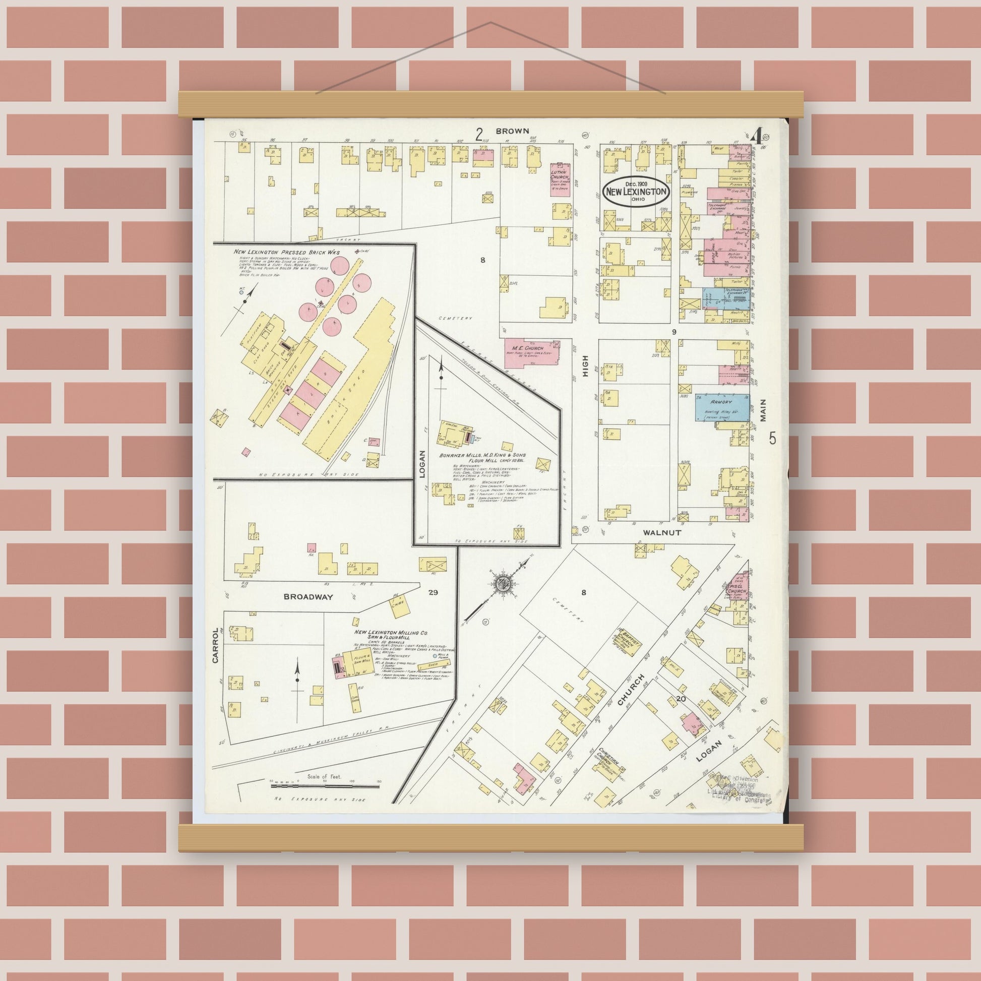 Old map wall art mockup — magnetic wood frame on brick wall — Sanborn Fire Insurance Map from New Lexington, Perry County, Ohio (1909), Sheet #0004