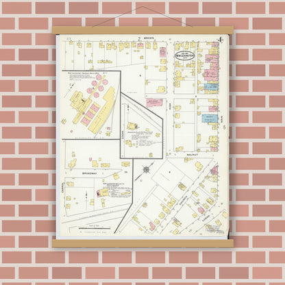 Old map wall art mockup — magnetic wood frame on brick wall — Sanborn Fire Insurance Map from New Lexington, Perry County, Ohio (1909), Sheet #0004