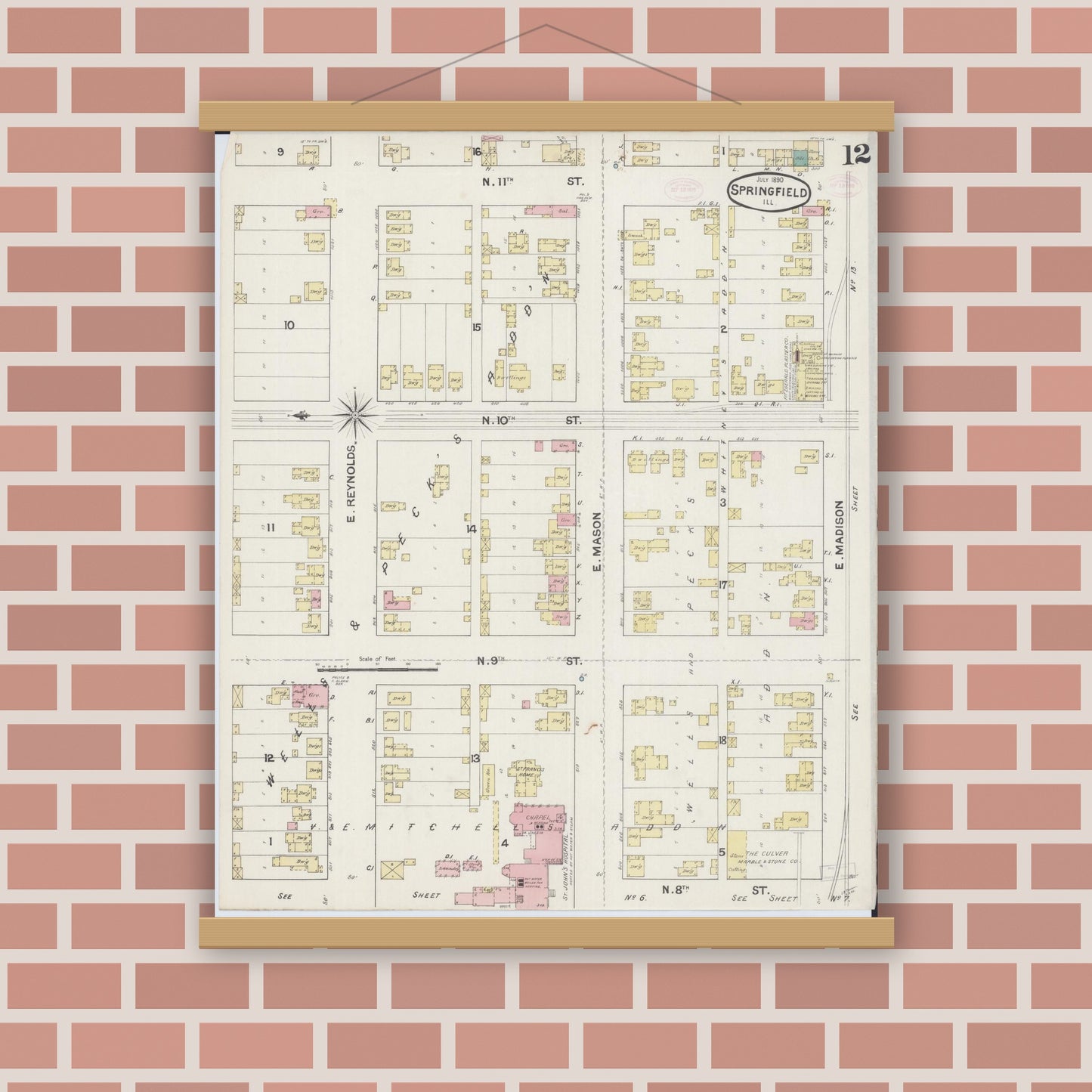 Old map wall art mockup — magnetic wood frame on brick wall — Sanborn Fire Insurance Map from Springfield, Sangamon County, Illinois (1890), Sheet #0012