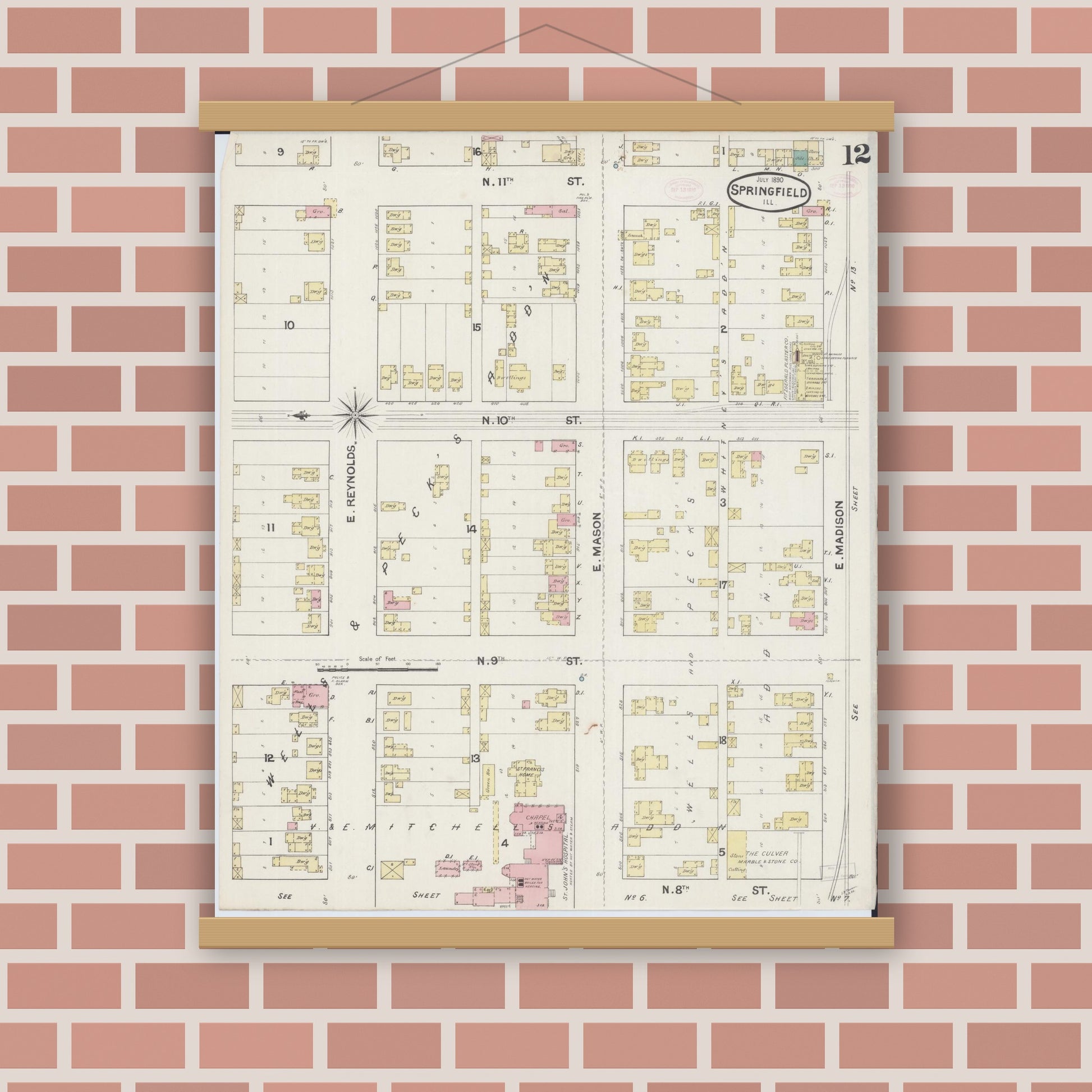 Old map wall art mockup — magnetic wood frame on brick wall — Sanborn Fire Insurance Map from Springfield, Sangamon County, Illinois (1890), Sheet #0012