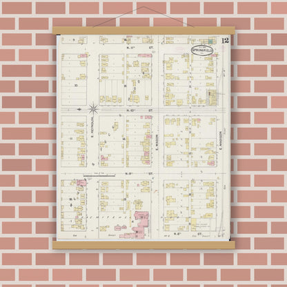 Old map wall art mockup — magnetic wood frame on brick wall — Sanborn Fire Insurance Map from Springfield, Sangamon County, Illinois (1890), Sheet #0012