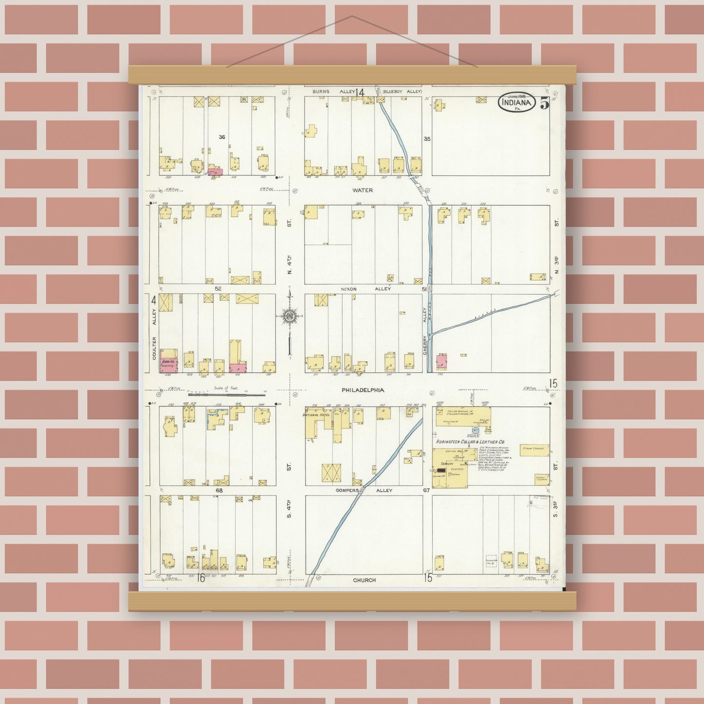 Old map wall art mockup — magnetic wood frame on brick wall — Sanborn Fire Insurance Map from Indiana, Indiana County, Pennsylvania (1916), Sheet #0005