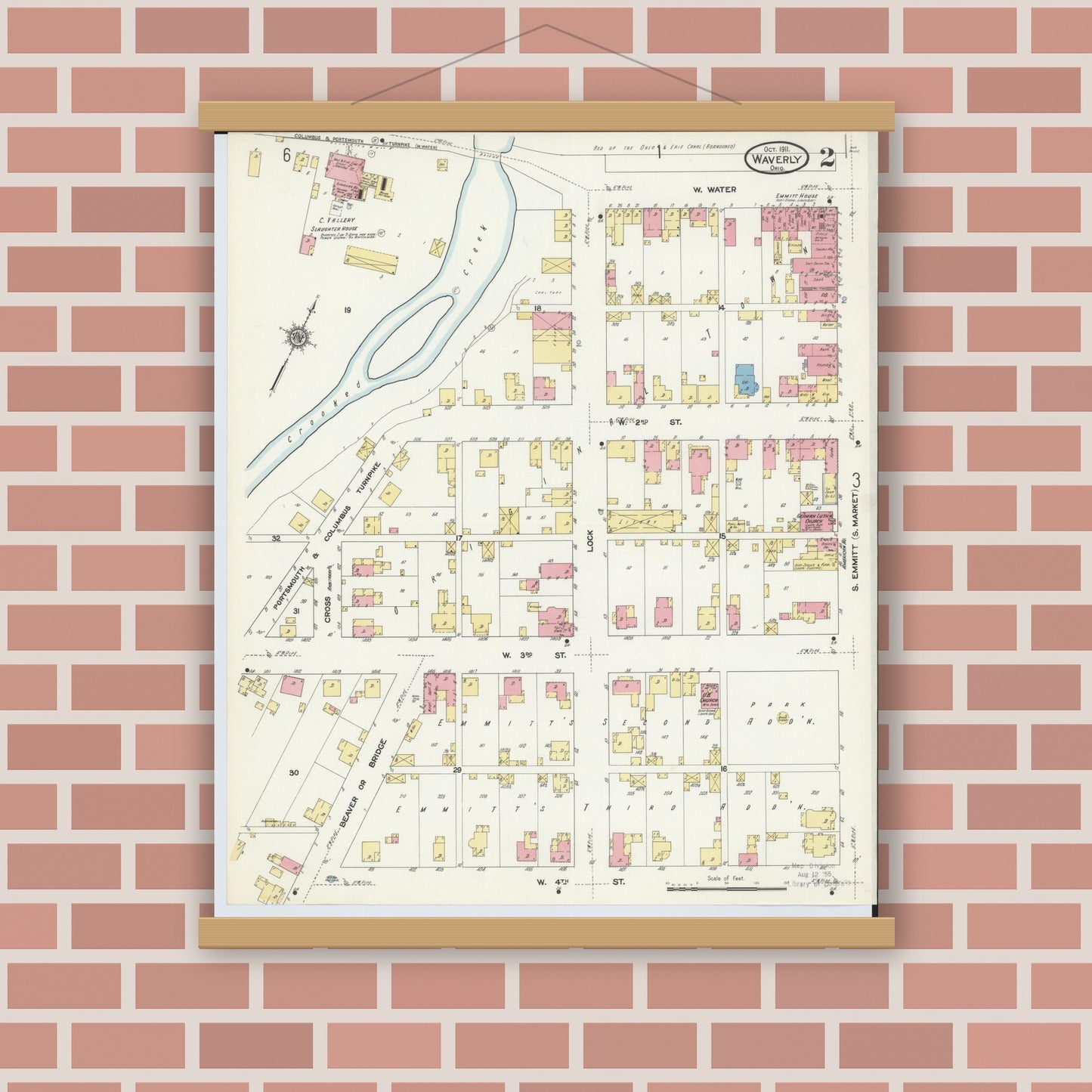 Old map wall art mockup — magnetic wood frame on brick wall — Sanborn Fire Insurance Map from Waverly, Pike County, Ohio (1911), Sheet #0002
