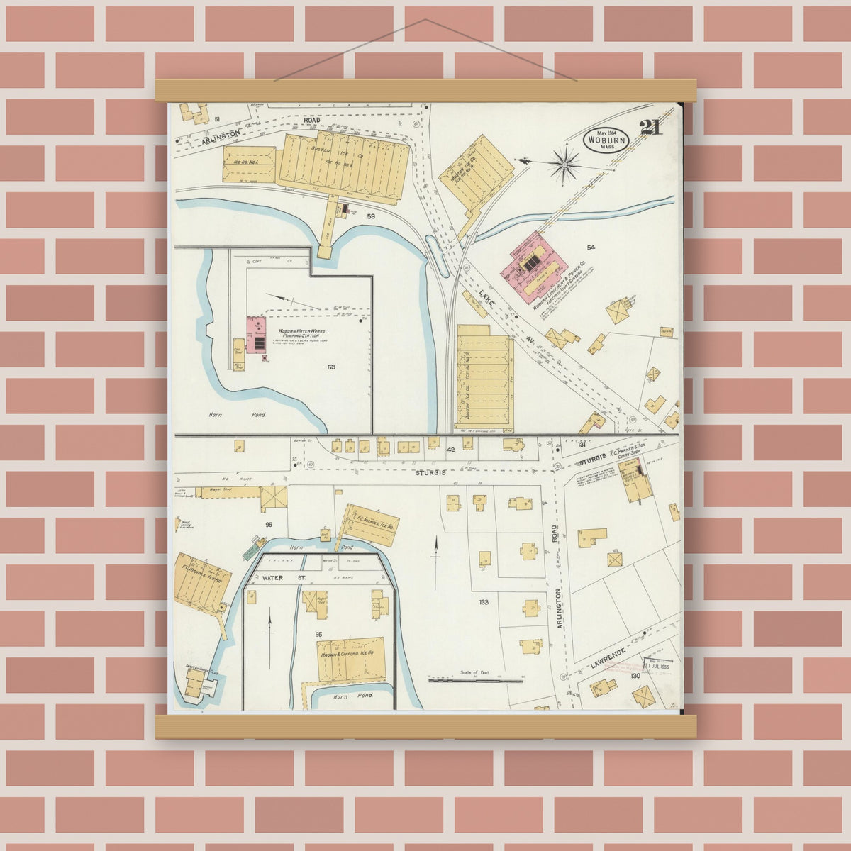 Old map wall art mockup — magnetic wood frame on brick wall — Sanborn Fire Insurance Map from Woburn, Middlesex County, Massachusetts (1904), Sheet #0021