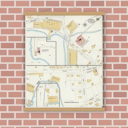 Old map wall art mockup — magnetic wood frame on brick wall — Sanborn Fire Insurance Map from Woburn, Middlesex County, Massachusetts (1904), Sheet #0021