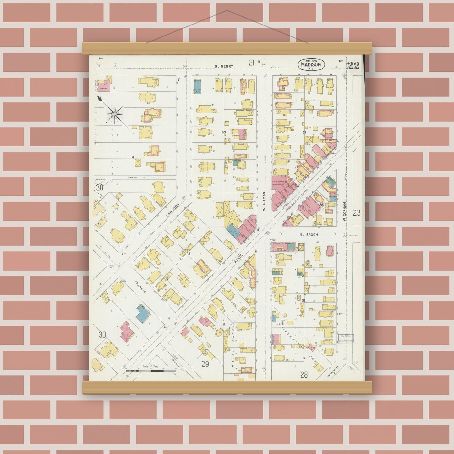 Old map wall art mockup — magnetic wood frame on brick wall — Sanborn Fire Insurance Map from Madison, Dane County, Wisconsin (1902), Sheet #0022