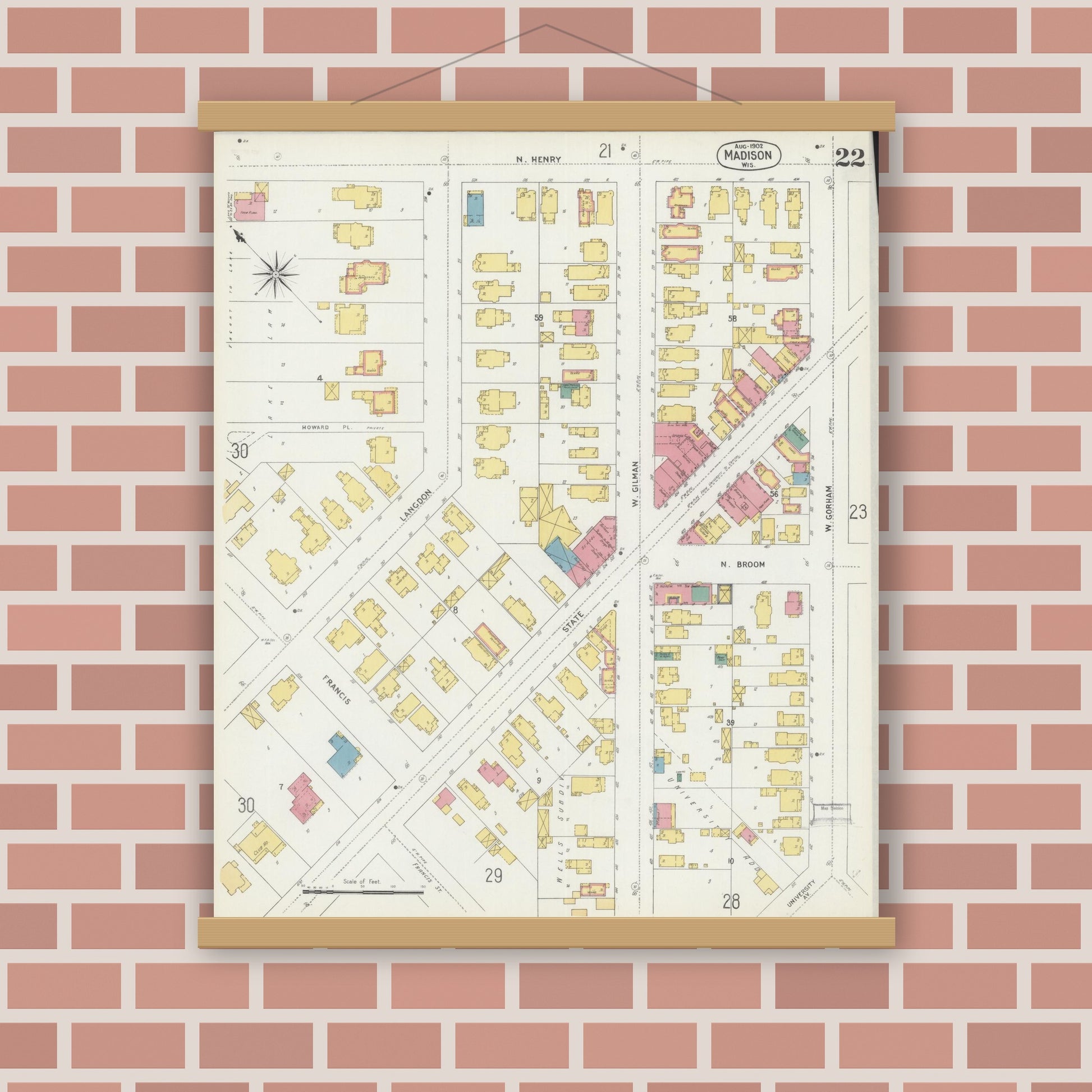 Old map wall art mockup — magnetic wood frame on brick wall — Sanborn Fire Insurance Map from Madison, Dane County, Wisconsin (1902), Sheet #0022