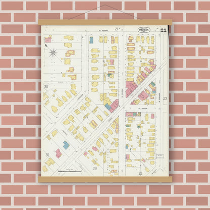 Old map wall art mockup — magnetic wood frame on brick wall — Sanborn Fire Insurance Map from Madison, Dane County, Wisconsin (1902), Sheet #0022