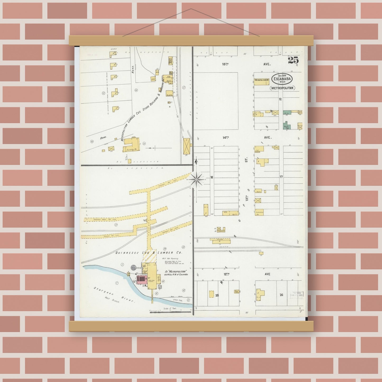 Old map wall art mockup — magnetic wood frame on brick wall — Sanborn Fire Insurance Map from Escanaba, Delta County, Michigan (1899), Sheet #0025