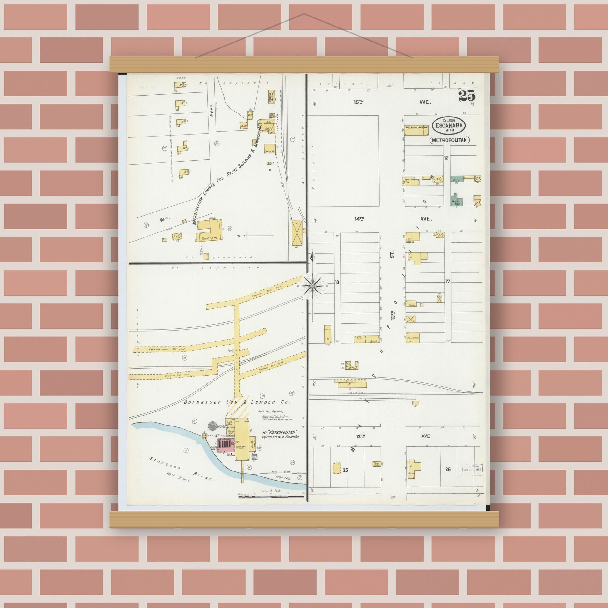 Old map wall art mockup — magnetic wood frame on brick wall — Sanborn Fire Insurance Map from Escanaba, Delta County, Michigan (1899), Sheet #0025