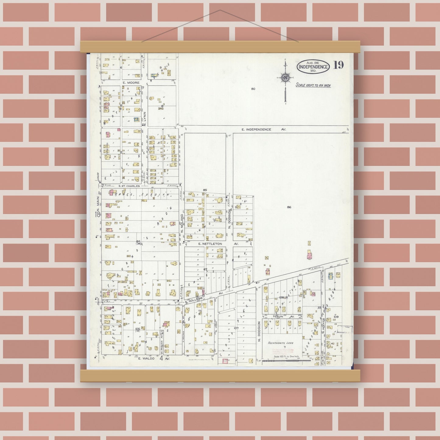Old map wall art mockup — magnetic wood frame on brick wall — Sanborn Fire Insurance Map from Independence, Jackson County, Missouri (1916), Sheet #0019