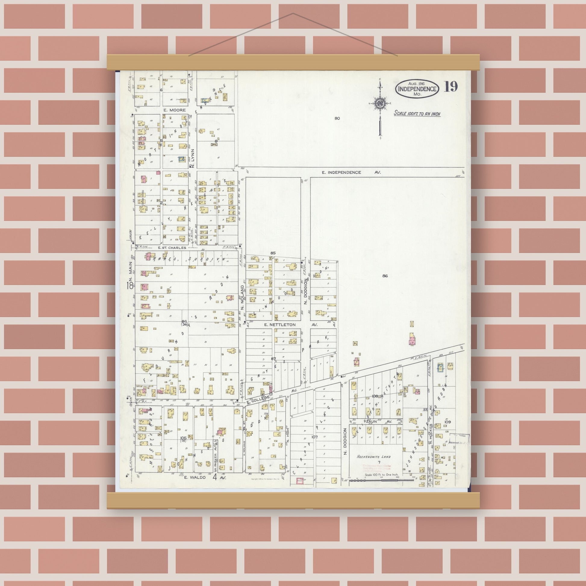 Old map wall art mockup — magnetic wood frame on brick wall — Sanborn Fire Insurance Map from Independence, Jackson County, Missouri (1916), Sheet #0019