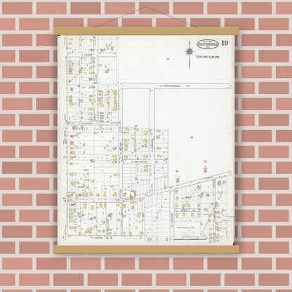 Old map wall art mockup — magnetic wood frame on brick wall — Sanborn Fire Insurance Map from Independence, Jackson County, Missouri (1916), Sheet #0019