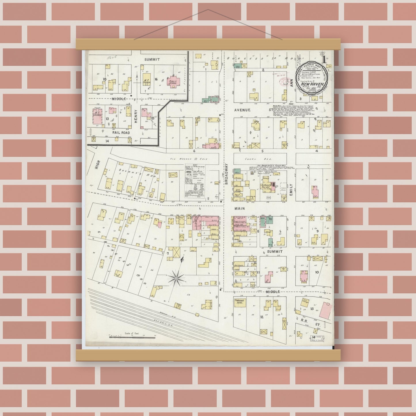 Old map wall art mockup — magnetic wood frame on brick wall — Sanborn Fire Insurance Map from New Haven, Allen County, Indiana (1895) - Complete Map Set