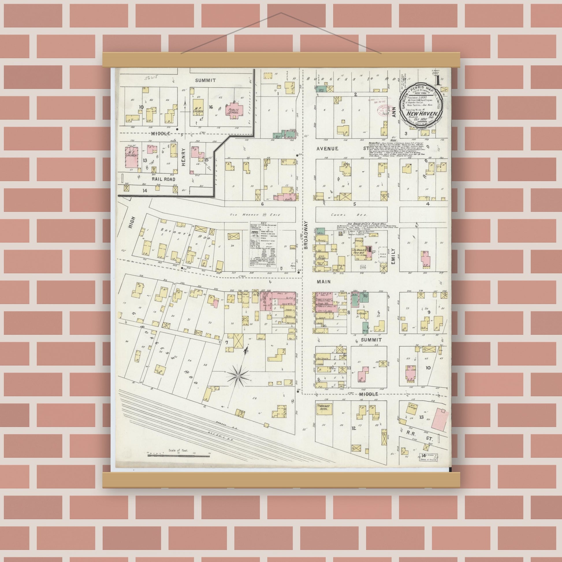 Old map wall art mockup — magnetic wood frame on brick wall — Sanborn Fire Insurance Map from New Haven, Allen County, Indiana (1895) - Complete Map Set