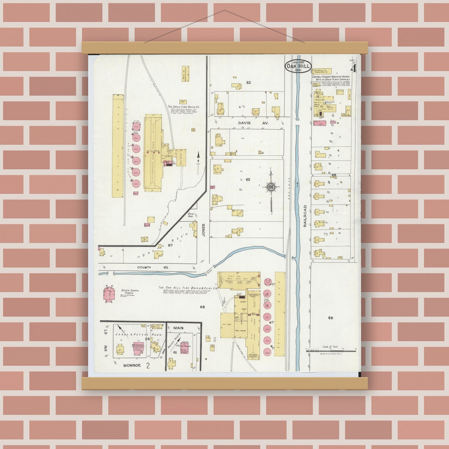 Old map wall art mockup — magnetic wood frame on brick wall — Sanborn Fire Insurance Map from Oak Hill, Jackson County, Ohio (1921), Sheet #0004