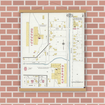 Old map wall art mockup — magnetic wood frame on brick wall — Sanborn Fire Insurance Map from Oak Hill, Jackson County, Ohio (1921), Sheet #0004