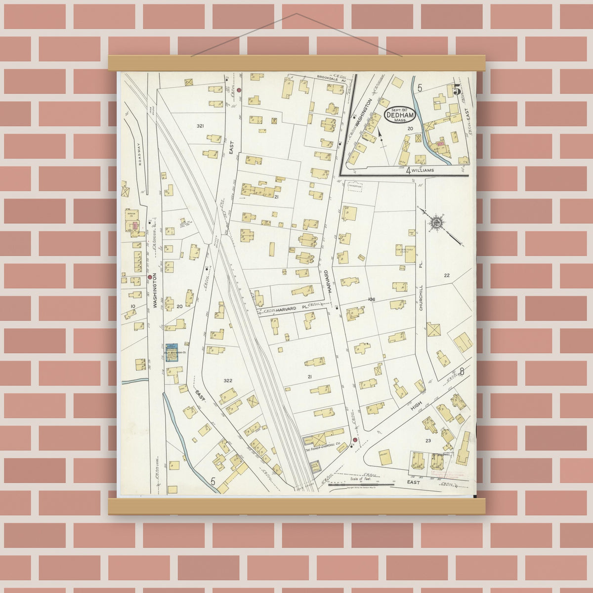 Old map wall art mockup — magnetic wood frame on brick wall — Sanborn Fire Insurance Map from Dedham, Norfolk County, Massachusetts (1917), Sheet #0005