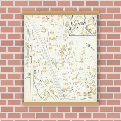 Old map wall art mockup — magnetic wood frame on brick wall — Sanborn Fire Insurance Map from Dedham, Norfolk County, Massachusetts (1917), Sheet #0005