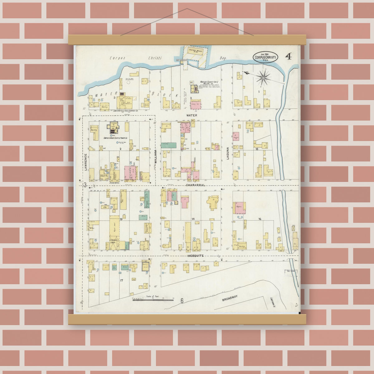 Old map wall art mockup — magnetic wood frame on brick wall — Sanborn Fire Insurance Map from Corpus Christi, Nueces County, Texas (1906), Sheet #0004