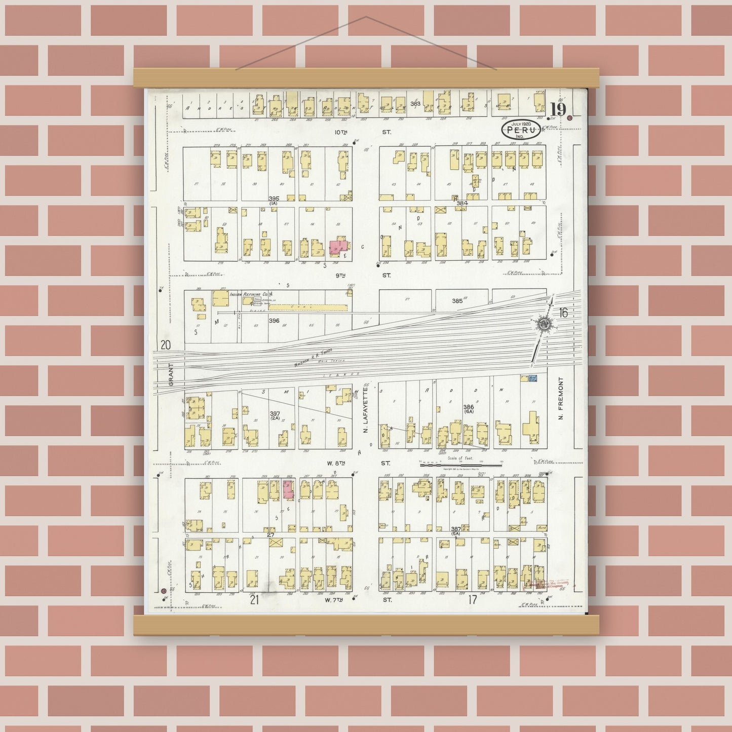 Old map wall art mockup — magnetic wood frame on brick wall — Sanborn Fire Insurance Map from Peru, Miami County, Indiana (1920), Sheet #0019