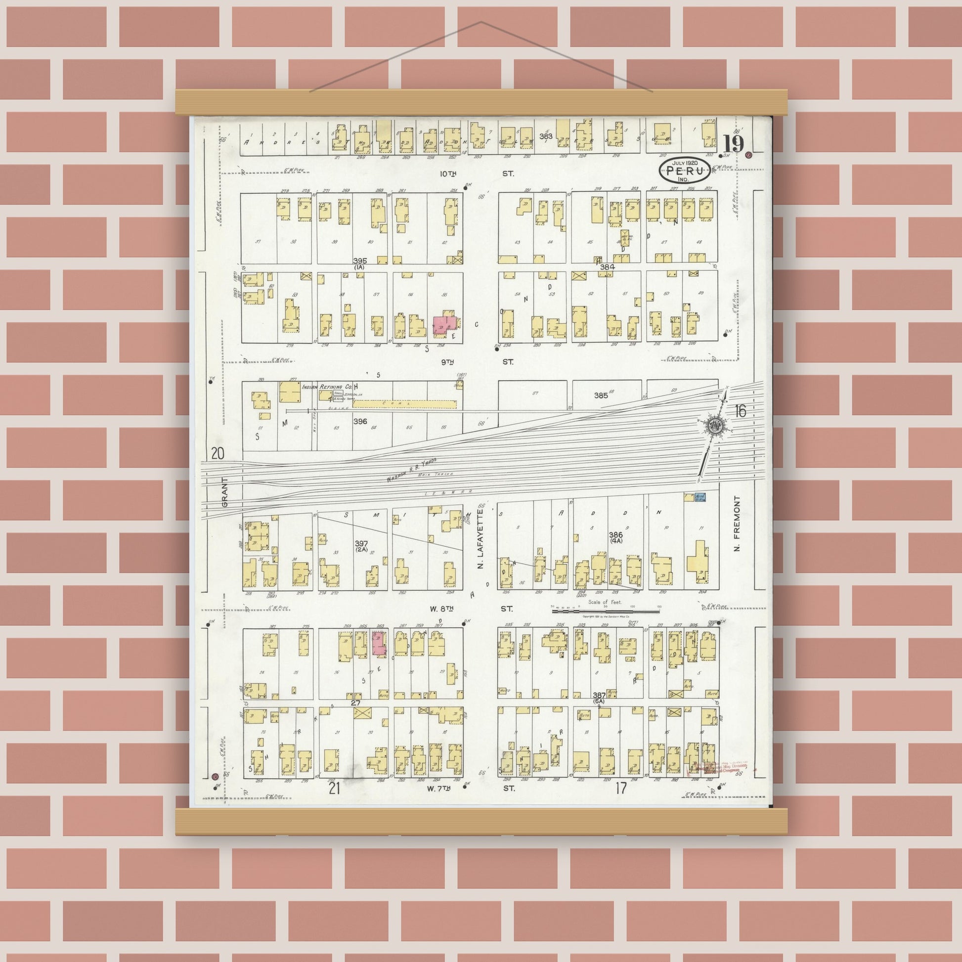 Old map wall art mockup — magnetic wood frame on brick wall — Sanborn Fire Insurance Map from Peru, Miami County, Indiana (1920), Sheet #0019